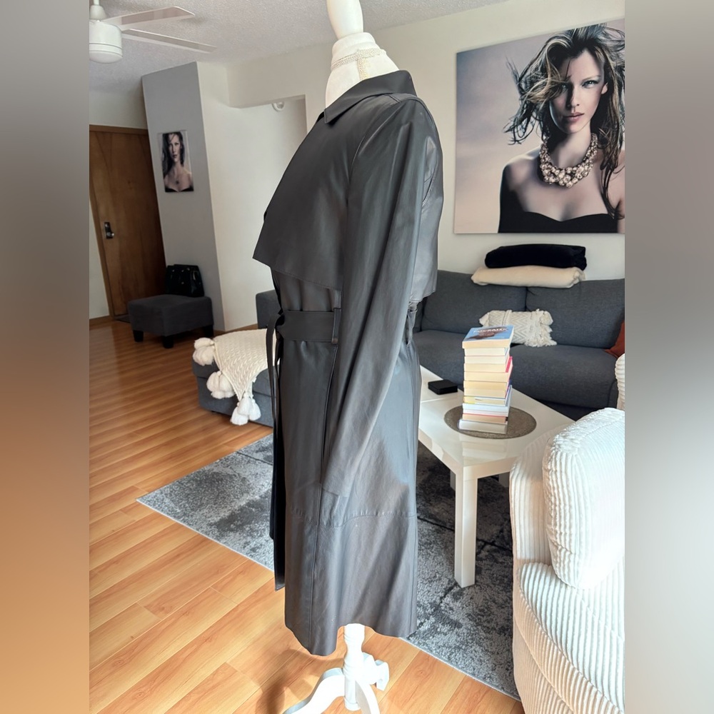 DKNY Black Leather Trench Coat - Picture 5 of 8